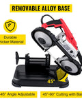 Portable Band Saw 110V 10A Motor With Removable Alloy Steel Base showcasing 45-degree angle adjustment for versatile cuts.