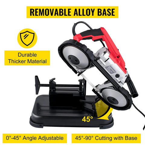 Portable Band Saw 110V 10A Motor With Removable Alloy Steel Base showcasing 45-degree angle adjustment for versatile cuts.