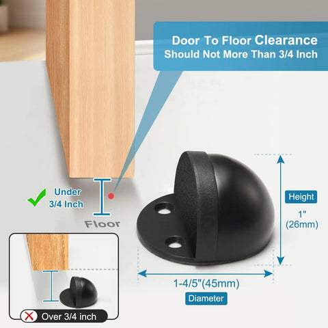 No Fuss Floor Door Stops Adhesive Backed Stainless Steel Black Wall Protectors Rubber Bumper No Drill Setup Heavy Duty Door Blockers with measured clearance guide.