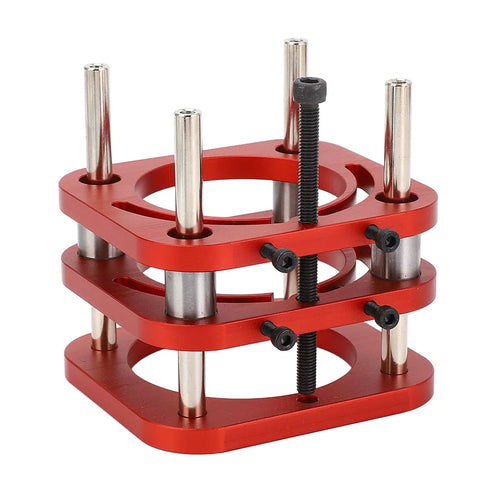 Rock Solid 4 Jaw Clamping Router Table Lifting System With Manual Lift, Fits Router Motors 64-66mm, 51mm Stroke, Universal Base For Small Trimming Machines And Woodworking Tables. Red aluminum router lift with steel rods and hand screw