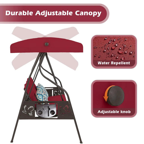 Side view of 3 Seat Outdoor Porch Swing With Stand And Canopy, water repellent wine red canopy, cushion detail, and adjustable knob.