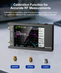NanoVNA H4 Vector Network Analyzer V4.4 with 4-inch HD touchscreen displaying calibration settings for RF measurements.