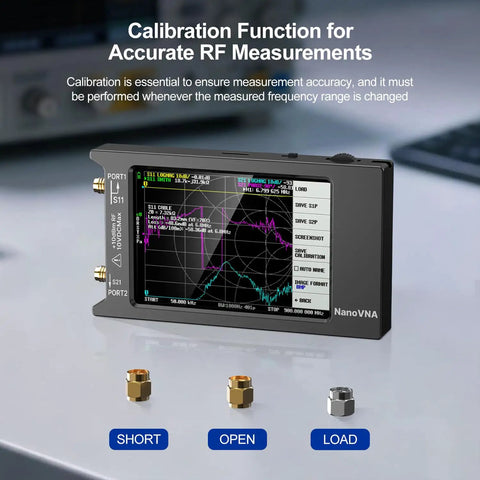 NanoVNA H4 Vector Network Analyzer V4.4 with 4-inch HD touchscreen displaying calibration settings for RF measurements.