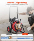 Auto Feed Drain Cleaner On Wheels With 100 Ft Cable For 2 To 6 Inch Pipes, Portable Sewer Snake Auger with user, showing before and after results.