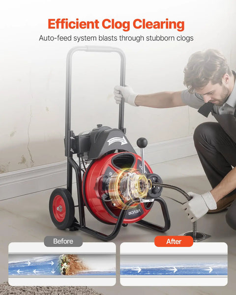 Auto Feed Drain Cleaner On Wheels With 100 Ft Cable For 2 To 6 Inch Pipes, Portable Sewer Snake Auger with user, showing before and after results.