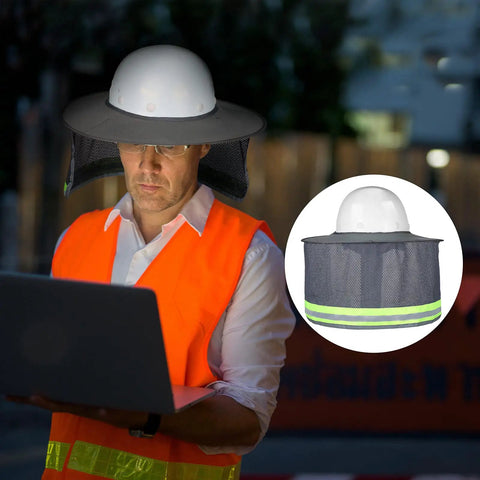 Two Piece Hard Hat Sun Shade With Full Brim Visor And Mesh Neck Gaiter High Visibility Reflective Bandana Face Scarf For Construction Helmets Grey On Job Sites