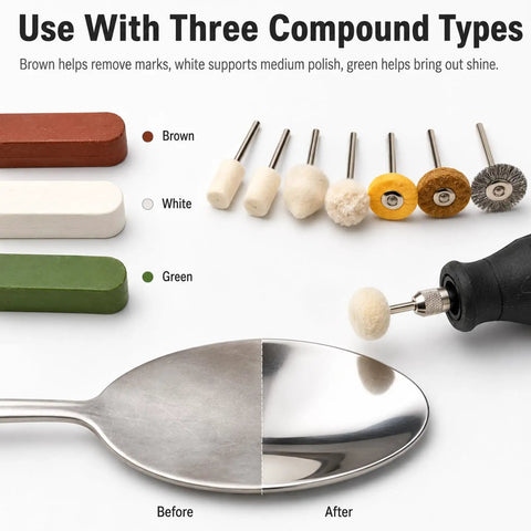 Polishing Buffing Wheel Kit with three compound types for metal work; shows brown, white, green bars and buffing wheels.
