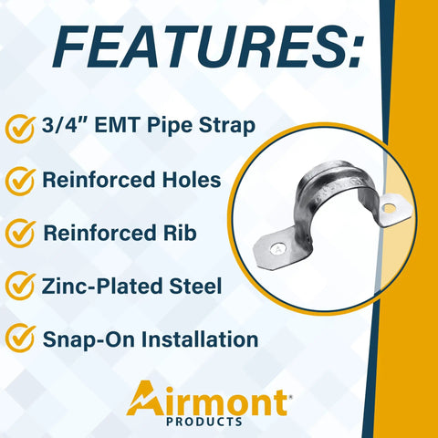 10 Pack Three Quarters Inch EMT Two Hole Conduit Straps Heavy Duty Zinc Plated Steel Pipe Clamps With Reinforced Rib Features