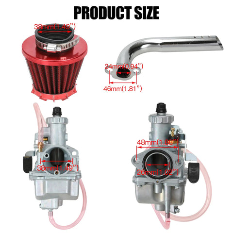 Predator 212 Stage 1 Carburetor Kit Replacement with measurements for 212cc 224cc 196cc engines, filter, pipe, and carburetor components.