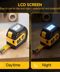 Heavy Duty 2 In 1 Laser Tape Measure 197 Ft Digital Distance Meter with LCD screen shown in day and night for construction tasks.