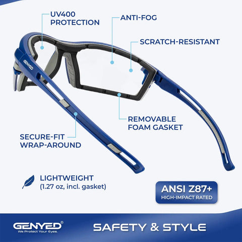 ANSI Z87 Plus Safety Glasses With Removable Foam Gasket Clear Lens Anti Fog Eyewear With Sporty Look That Is Scratch Resistant UV400 Wraparound Protection For Work Construction And DIY Projects
