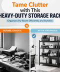 Before and after image showing the Straight Up Heavy Duty 2 Tier Printer Stand With Reinforced Steel Storage in use.