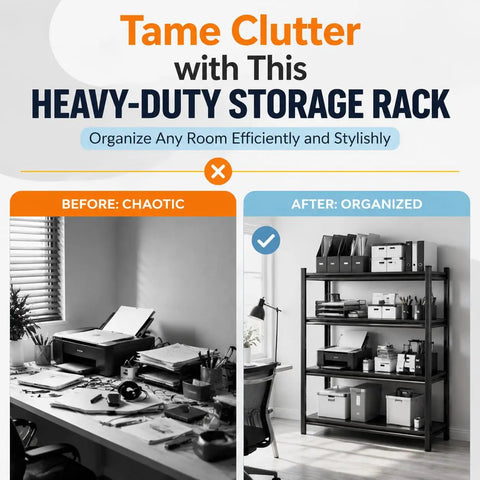 Before and after image showing the Straight Up Heavy Duty 2 Tier Printer Stand With Reinforced Steel Storage in use.