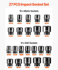 Impact Socket Set 3/4 Inch Drive Heavy Duty Pro Grade 27 Piece Standard SAE And Metric Sockets, 7/8 To 2 Inches And 22 To 50 Millimeter