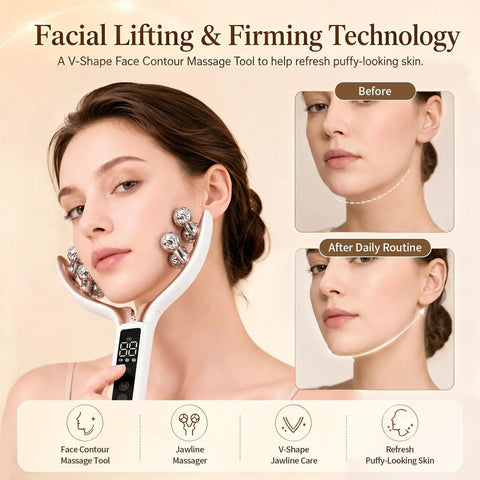 Woman using Wireless Face Massager With 8 Roller 3D Face Roller LED Light Therapy Massager For Jawline Sculpting V Shape Tool