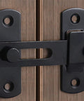 Close-up of 2 Pack Sliding Barn Door Lock Hardware Carbon Steel With Matte Black Finish, installed on wooden door