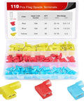 Open box showing 110 Piece Nylon Flag Spade Female Insulated Quick Disconnects Assortment Set No Tools Needed For 22-18 16-14 12-10 Gauge Electrical Crimp Terminals Easy Splice Connectors For Fast Diy Circuit Wiring in red, blue, and yellow.
