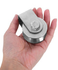 Heavy Duty Stainless Steel Pulley Wheel Track Roller For Sliding Doors And Gates Built Different With Zero Noise Vibes Smooth Glide Performance Handles Heavy Loads On Wire Rope Systems Top Tier, held in hand.