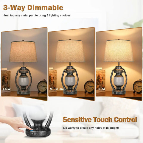 3-Way Dimmable Touch Control Table Lamps Set Of 2 With Cozy Farmhouse Lantern Nightlight, 23 Inch Bedside USB Lamp in lighting modes