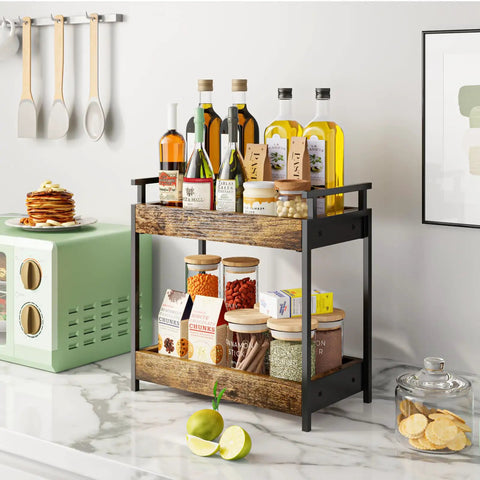 Two Tier Countertop Coffee Station Organizer Rack with condiments and oils on kitchen counter, wooden shelves, brown.