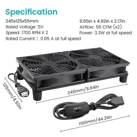 Dual 120mm USB Cooling Fan For Computer Rig Keeping Things Hella Quiet With Adjustable Speed Control And Flat Or Upright Stand Design 5V PC Component Chiller with specifications.