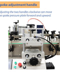 Spoke adjustment handle of Fully Automatic Round Bottle Labeling Machine Featuring Plug And Play Touchscreen Controls.