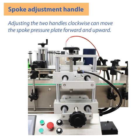 Spoke adjustment handle of Fully Automatic Round Bottle Labeling Machine Featuring Plug And Play Touchscreen Controls.
