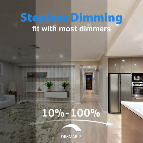 Room showing stepless dimming effect with 4 Inch LED Recessed Ceiling Light 12W 5 CCT Selectable Canless Downlight with J Box