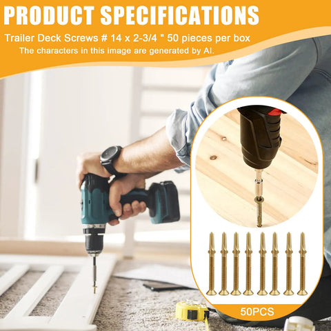 Heavy Duty Number 14 X 2-3/4 Inch Trailer Deck Screws With Bronze Ceramic Coating and Reamer Tek Star heads being used with a drill, showing fastener application.
