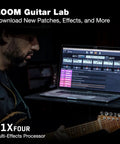 Musician using laptop with Guitar Multi Effects Processor With Expression Pedal Battery Power 71 Effects And 13 Amp Models 30 Second Looper Tuner Rhythm Section For Practice Recording And Live Jams software interface displayed.