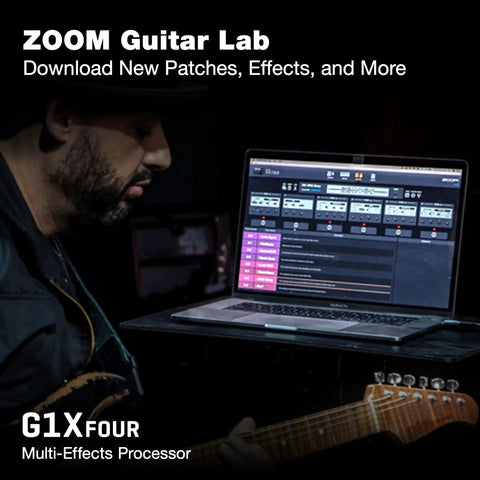 Musician using laptop with Guitar Multi Effects Processor With Expression Pedal Battery Power 71 Effects And 13 Amp Models 30 Second Looper Tuner Rhythm Section For Practice Recording And Live Jams software interface displayed.