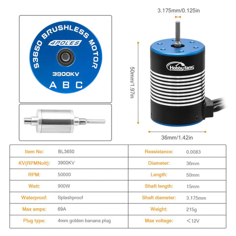 Dimensions and specifications of Beefed Up Waterproof BL3650 3900KV Brushless Motor with 3.175mm Shaft for RC Cars and Trucks.