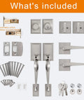 Components of Heavy Duty Front Door Handle Set With Double Door Lock Satin Nickel Finish Includes Dummy Single Cylinder Deadbolt