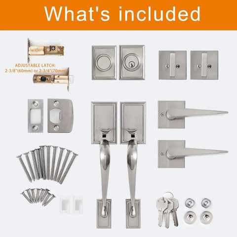 Components of Heavy Duty Front Door Handle Set With Double Door Lock Satin Nickel Finish Includes Dummy Single Cylinder Deadbolt