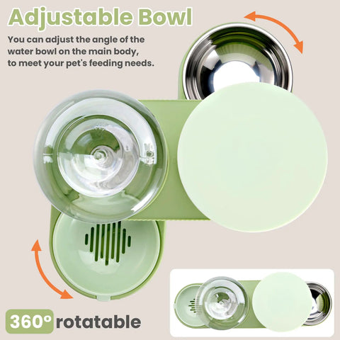 Adjustable bowl on Automatic Pet Feeder And Gravity Water Dispenser Set for cats and dogs, featuring a 360° rotatable design.