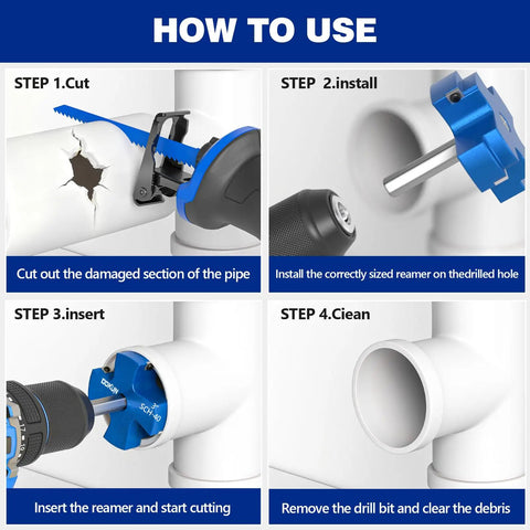 How to use tutorial for Four Size PVC Pipe Reamer Kit With Four Blades For No Fuss Pipe Prep Fits SCH40 Pipes 1/2 Inch Drill Compatible
