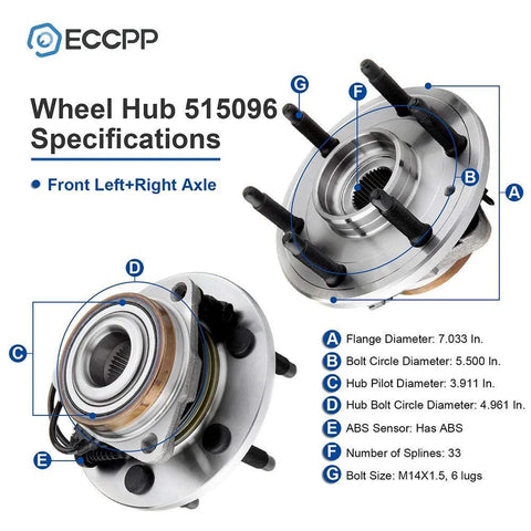 Pair Front Wheel Hub Bearings 515096 For Cadillac Escalade 2007-2014 ESV 4WD 4x4 With ABS, detailed specifications view