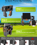 Heavy Duty Golf Cart Phone Holder Mount instructions with 3 second clip install and 1 second lock release secure phone clamp steps