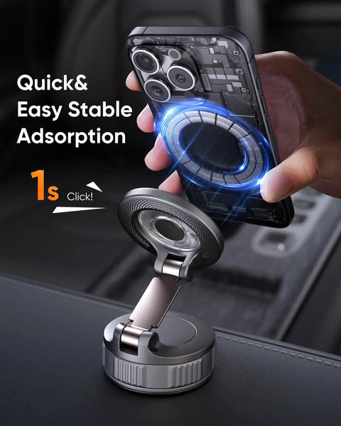 Dope Magnetic Car Phone Holder With 360 Degree Rotation And Ultra Strong Suction Mount for iPhone held above car mount base.