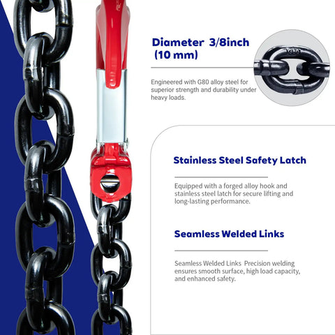 G80 Alloy Lifting Chain Sling For Heavy Lifts 6600 Pound Capacity Six Foot Length Three Eighths Inch Chain Diameter Welded