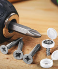 Built To Kick Butt 3 Inch Shutter Screw Fastener Kit Delivers 24 Heavy Duty 304 Stainless Steel Wall Ties paired with white plastic caps.