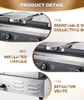 Heavy Duty Commercial Panini Press And Sandwich Maker With Cast Iron Griddle Non Stick Coating 3600W Power showing insulated handle and removable oil box.