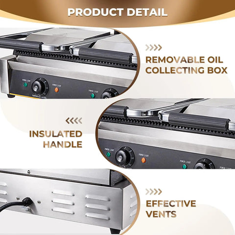 Heavy Duty Commercial Panini Press And Sandwich Maker With Cast Iron Griddle Non Stick Coating 3600W Power showing insulated handle and removable oil box.