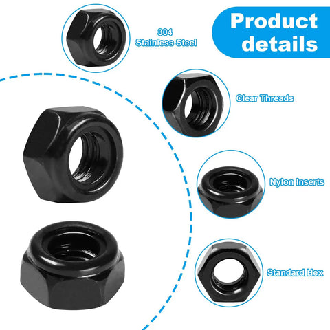50 Pack Nylon Insert Hex Lock Nuts 8-32 Inch Thread 304 Stainless Steel Self Locking Nuts With Black Zinc Plating detail view
