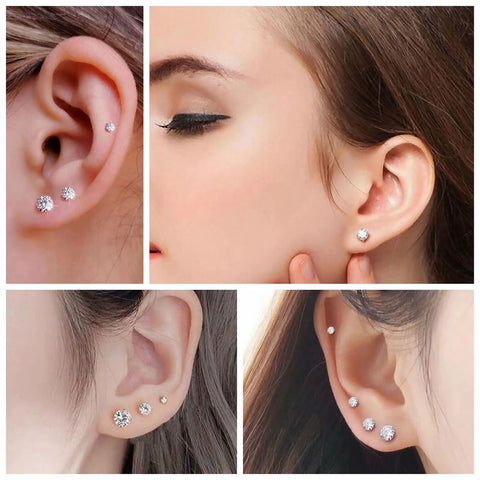 Dainty Titanium Surgical Steel Cz Stud Earrings Multipack Hypoallergenic 316L Nickel Free Screw Back Studs shown on ears in multiple views.