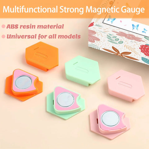 Front view of three hexagonal magnetic seam guides for sewing machines in orange, mint green, and pink with visible magnets