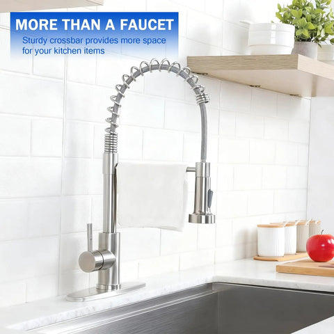 Rock Solid Brushed Nickel Kitchen Faucet With Pull Down Sprayer And 18.5 Inch High Arc Spout Built From Tough Stainless Steel showcasing sturdy crossbar and under-counter design.