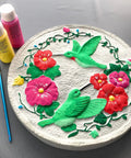 Hummingbird And Flowers Round Stepping Stone Mold For Concrete DIY Backyard Garden Pathway with paints and brush