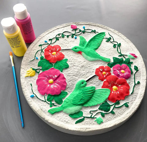 Hummingbird And Flowers Round Stepping Stone Mold For Concrete DIY Backyard Garden Pathway with paints and brush