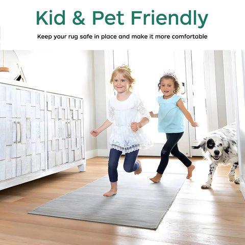 Children playing on rug with Extra Thick Non Slip Rug Pad Gripper 2 by 3 Feet Keeps Area Rugs From Sliding On Hardwood Floors For Safe Stable Floors And High Traffic Rooms With Strong Grip And Durable Cushion